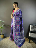 Thumbnail for Joban Fashion Blue Jacquard Woven Pattern Lichi Soft Silk Banarasi Saree - Dista
