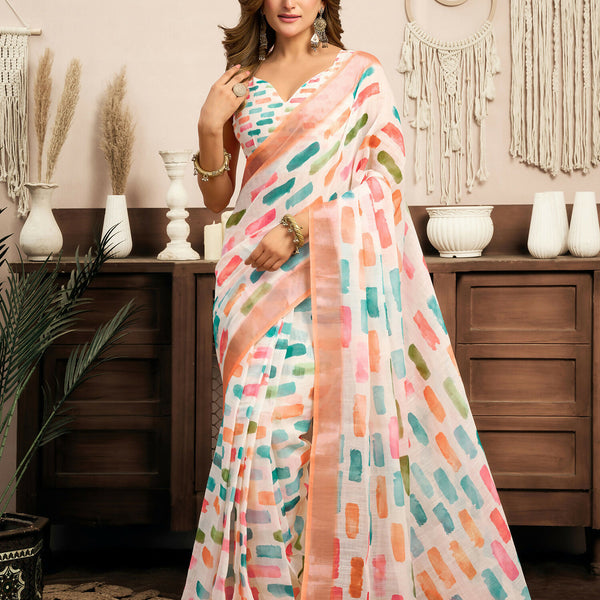 Joban Fashion White Color Block Linen Ready To Wear Saree With Unstitched Blouse - Distacart
