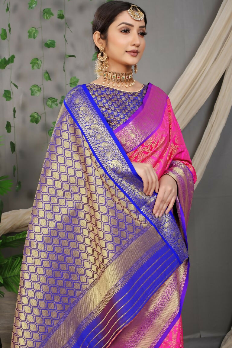 Jyoti Fashion Women's Pink Kanjivaram Silk Zari Woven Saree with Blouse - Distacart
