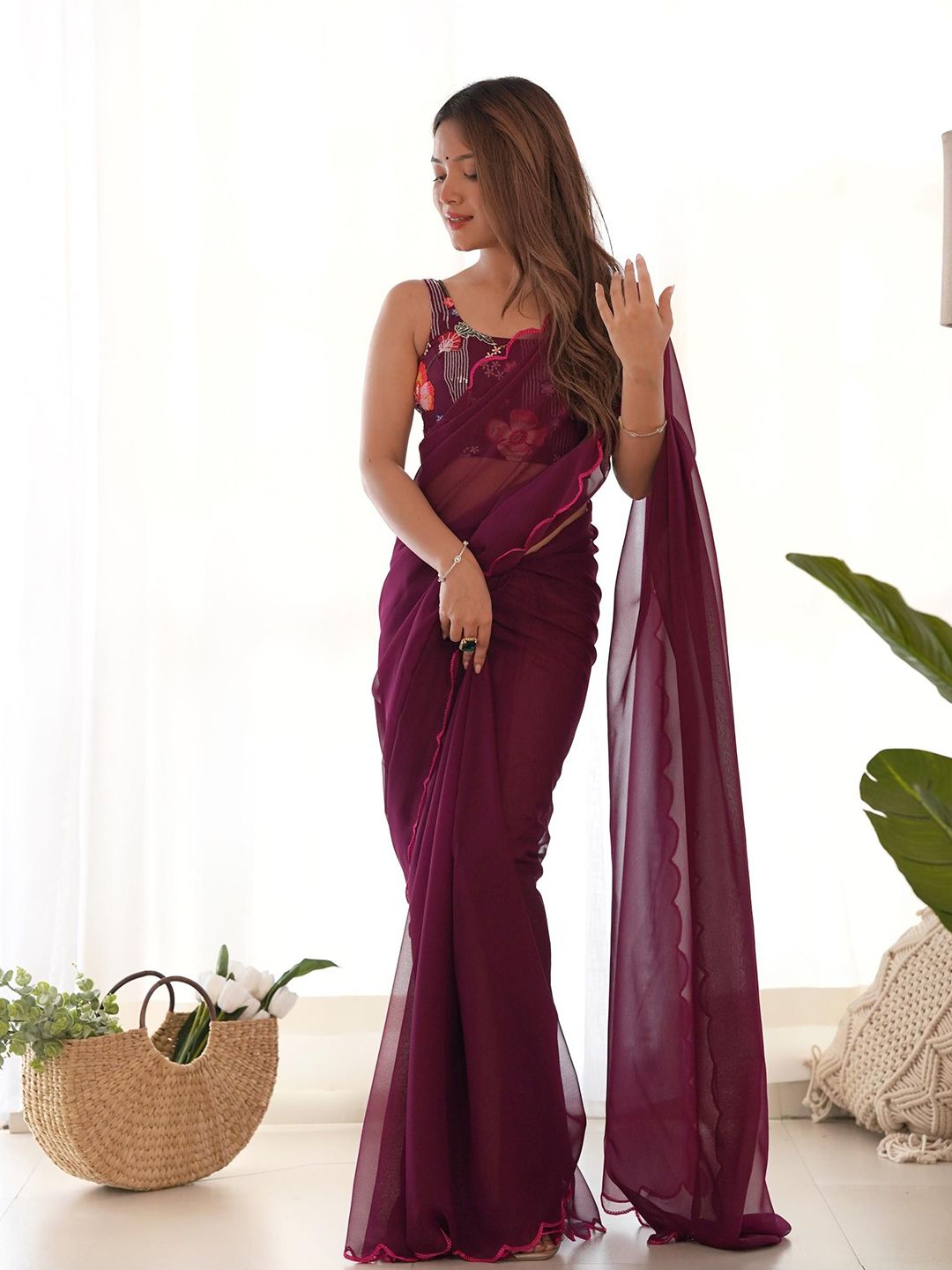 Mitera Embroidered Borders Pure Georgette Saree - Distacart