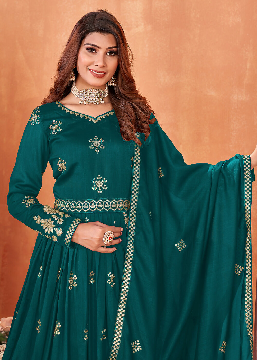 Rama Green Festive Embroidered Art Silk Anarkali Suit - Emponline - Distacart
