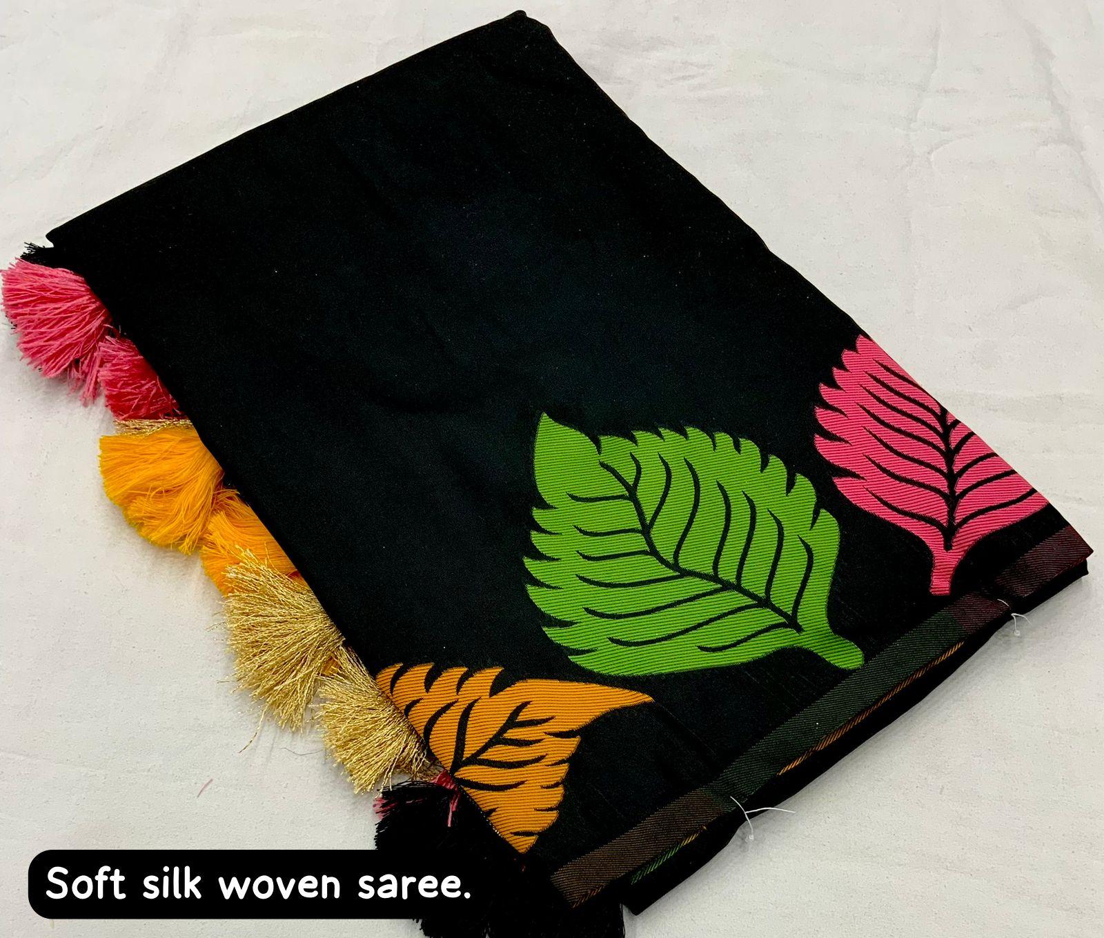 Black Pure Silk Woven Design Saree with Unstitched Blouse - Hiral Fashion - Distacart