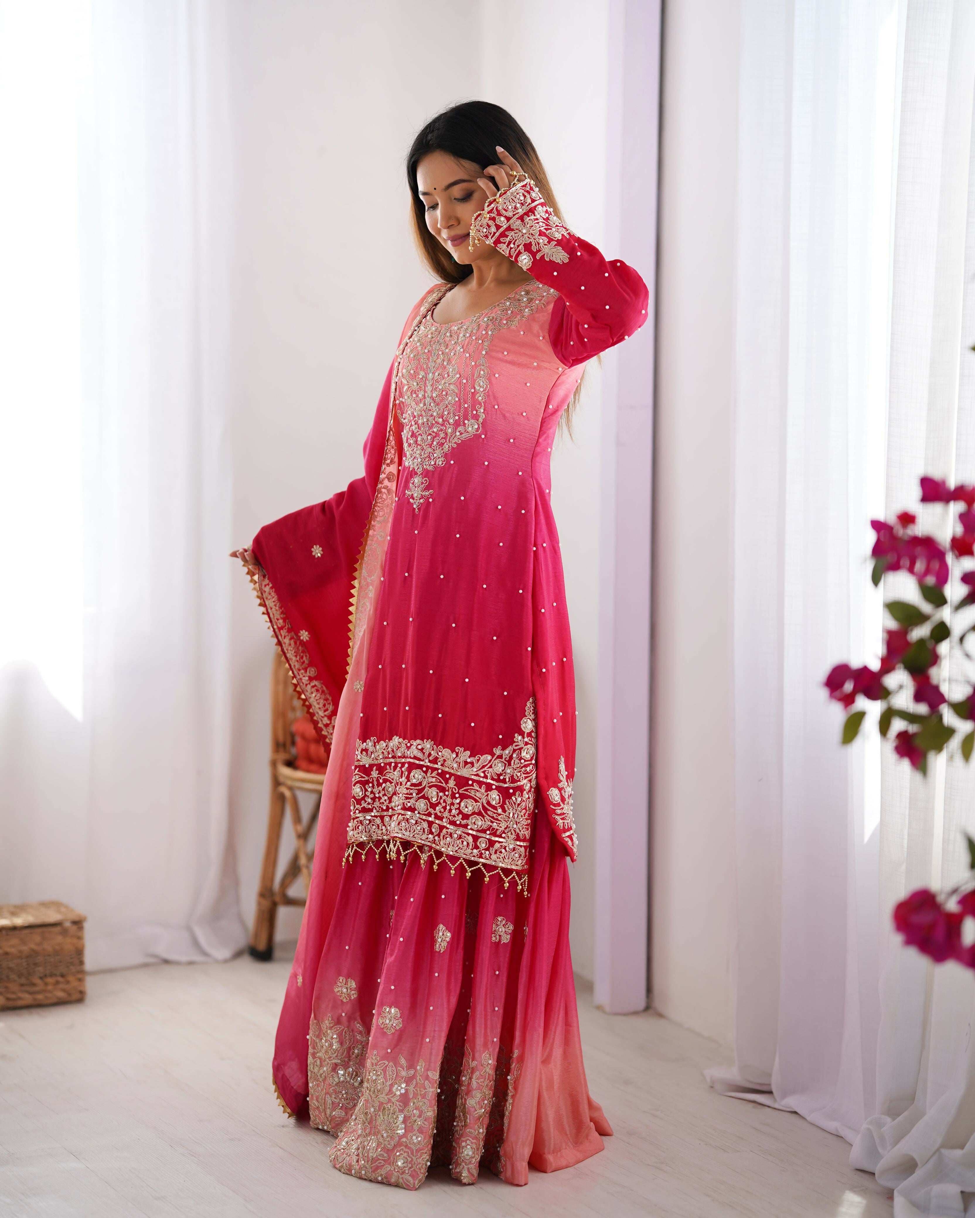 Joban Fashion Pink Palazzo Chinon silk Coding Dori with Sequence with Rivet Moti