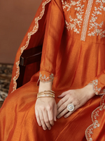 Thumbnail for The52 Orange Women's Beautiful Vichitra Silk Fabric Embroidered Work Flared Anarkali Pant and Dupatta Set - Distacart