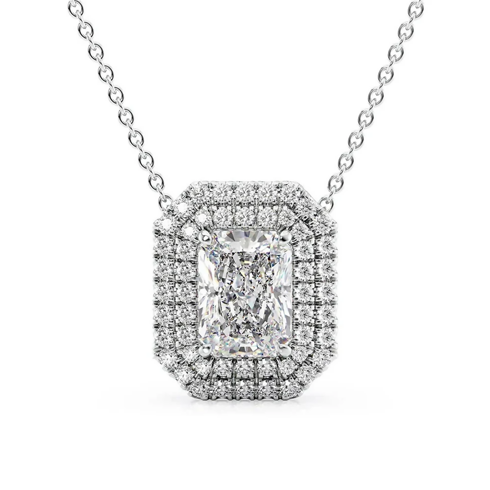 Cauer Elegant Radiant Moissanite Pendant Chain 14K Sterling Silver White Gold Plated