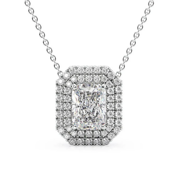 Cauer Elegant Radiant Moissanite Pendant Chain 14K Sterling Silver White Gold Plated