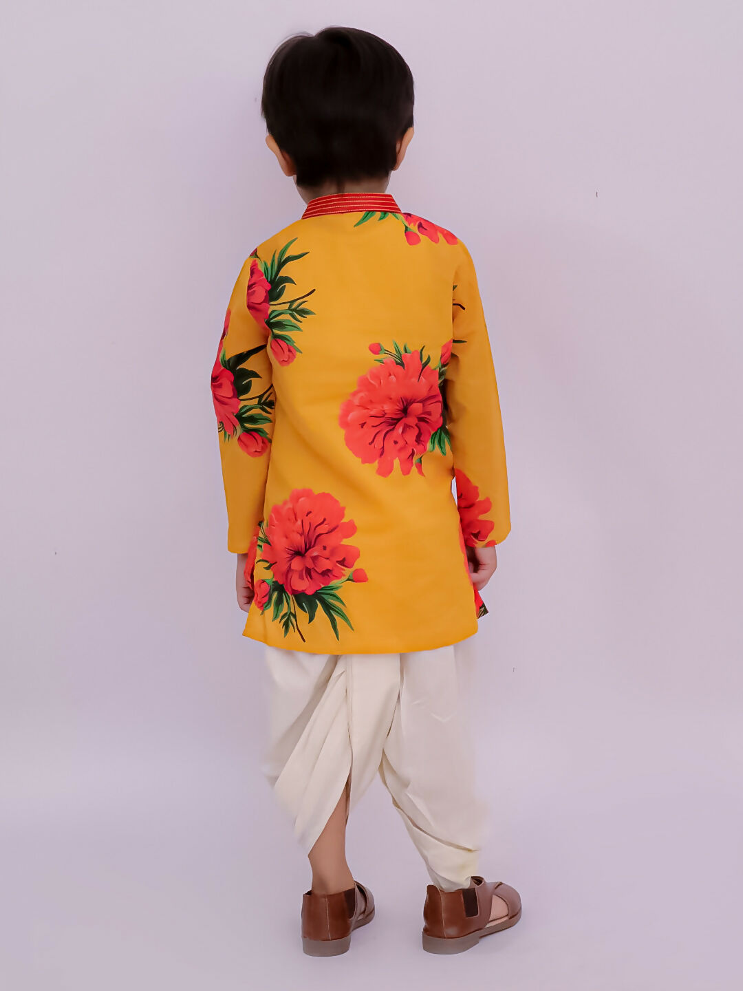 Lil Drama Genda Phool Mustard Kurta and White Dhoti Set for Boys