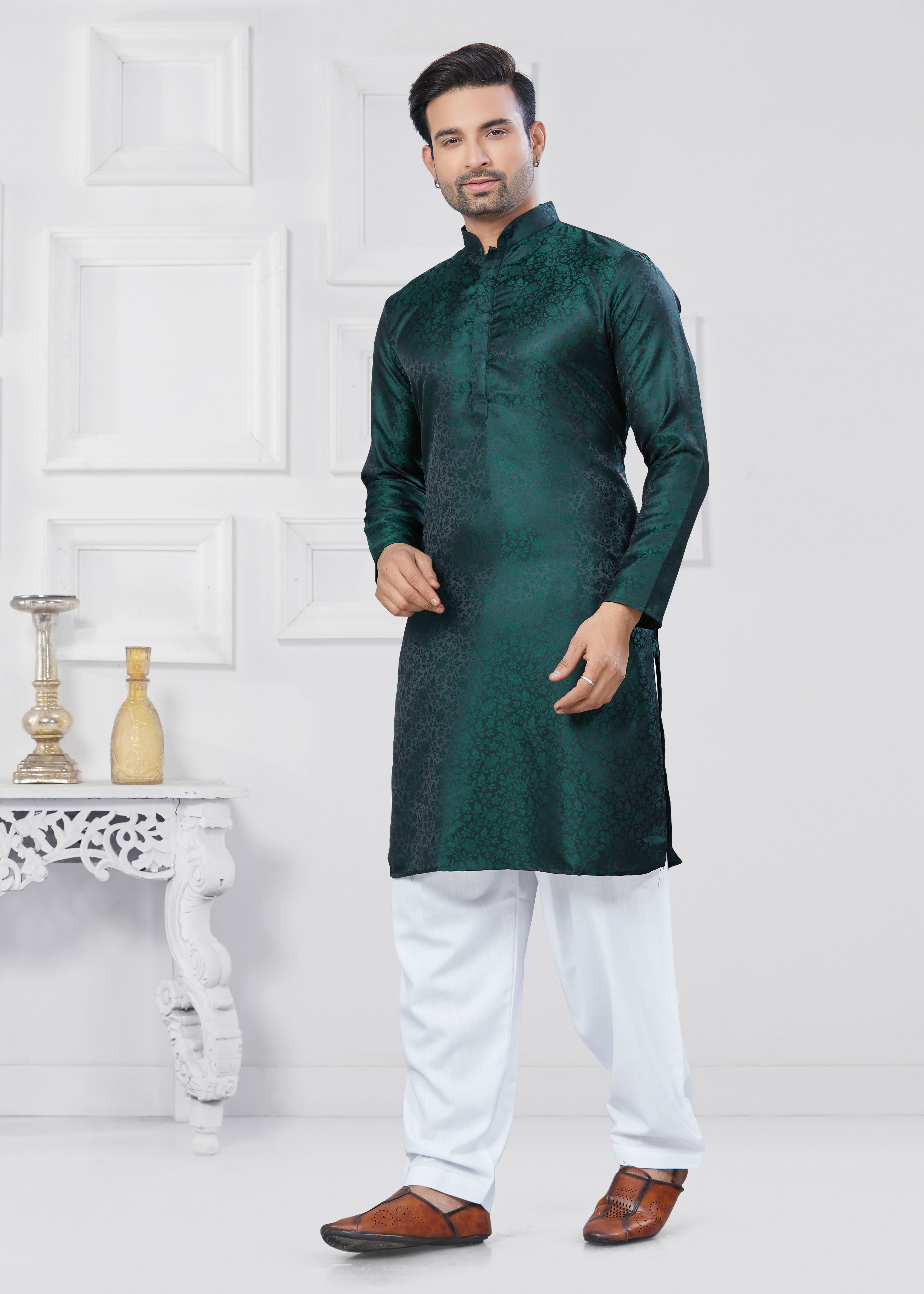 Joban Fashion Men's Jacquard Silk Green Printed Kurta Pyjama set - Distacart