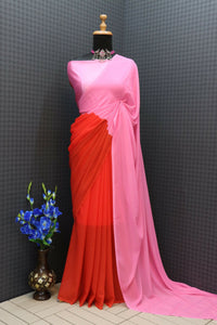 Thumbnail for Malishka Georgette Printed Ready To Wear Saree With Blouse Piece - Pink - Distacart