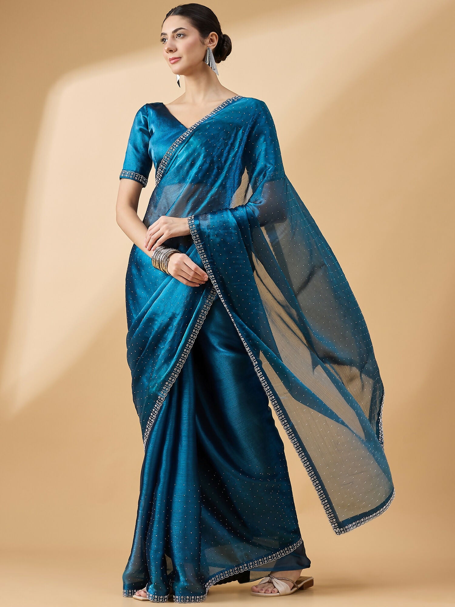 Teal Organza Swaroski Diamond Work Saree with Unstitched Blouse - Radha - Distacart