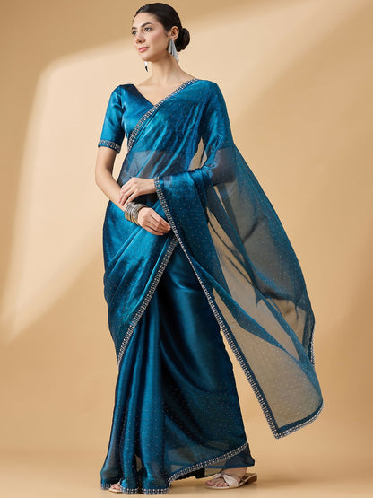 Teal Organza Swaroski Diamond Work Saree with Unstitched Blouse - Radha - Distacart