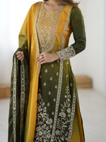 Thumbnail for The52 Women's Gorgeous Chinon silk Fabric Embroidery Work Straight Kurta Palazzo and Dupatta Set - Distacart