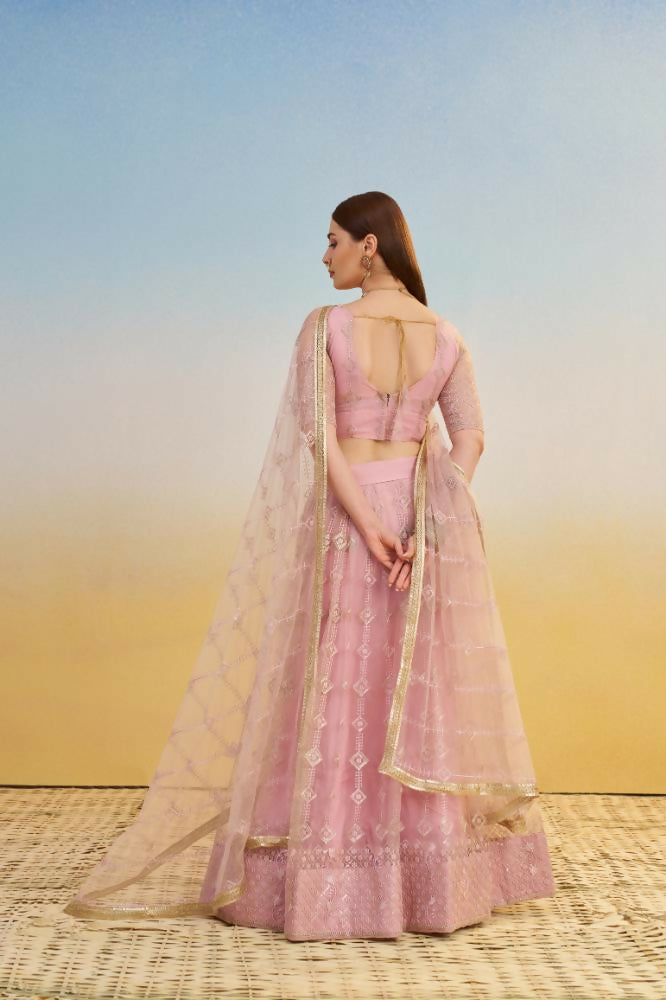 Aastha Fashion Pink Butterfly Net Tone To Tone Cotton Thread Work And Sequence Work Embroidery Wedding Wear Lehenga Choli - Distacart