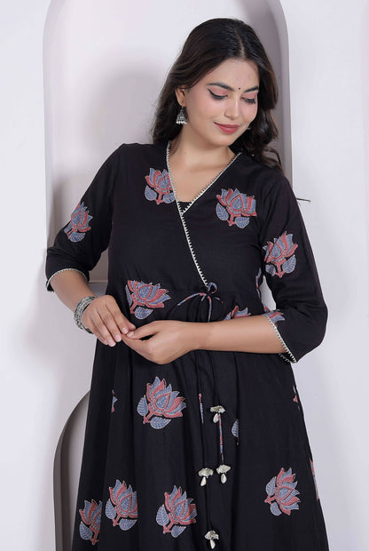 Miravan Womens Cotton Floral Print Anarkali Kurta-Black - Dista