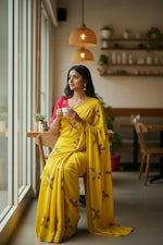 Thumbnail for Teeya Creation Yellow Rangoli Silk Embroidery Work Party Wear Designer Saree - Distacart