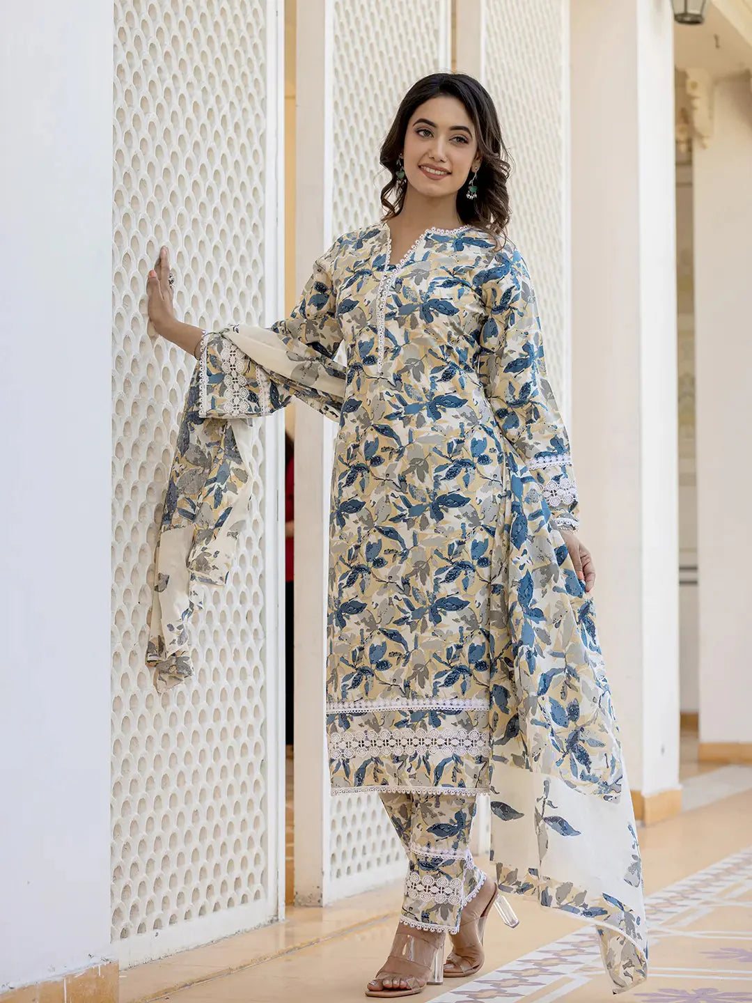 Yufta Beige Leaf Print Straight Pakistani Style Kurta Trouser And Dupatta Set - Distacart