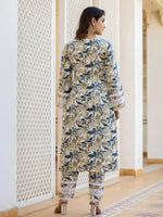 Thumbnail for Yufta Beige Leaf Print Straight Pakistani Style Kurta Trouser And Dupatta Set