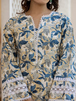 Thumbnail for Yufta Beige Leaf Print Straight Pakistani Style Kurta Trouser And Dupatta Set