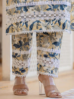 Thumbnail for Yufta Beige Leaf Print Straight Pakistani Style Kurta Trouser And Dupatta Set