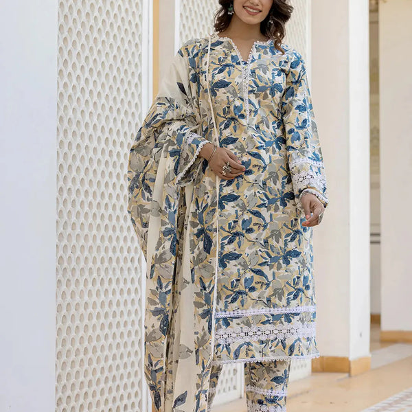 Yufta Beige Leaf Print Straight Pakistani Style Kurta Trouser And Dupatta Set - Distacart