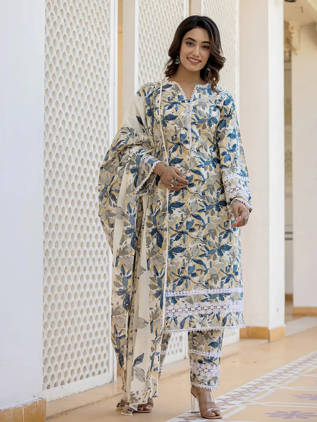 Yufta Beige Leaf Print Straight Pakistani Style Kurta Trouser And Dupatta Set - Distacart