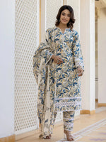 Thumbnail for Yufta Beige Leaf Print Straight Pakistani Style Kurta Trouser And Dupatta Set