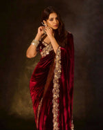 Thumbnail for Joban Fashion Maroon 9000 Velvet Party Wear Sarees - Distacart