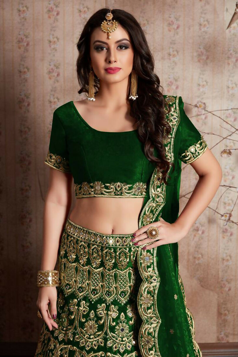 Jyoti Fashion Mesmerizing Green Sequins Embroidered Velvet Lehenga Choli with Dupatta - Distacart