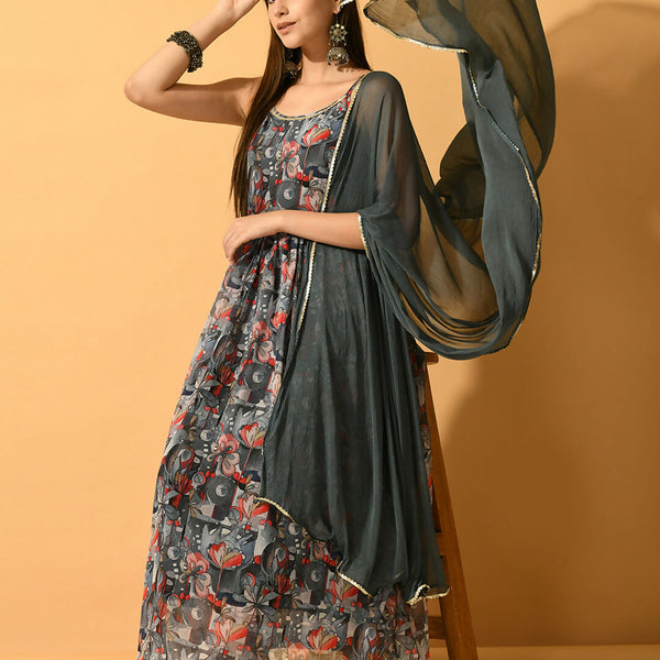 Myshka Women's Grey Festive Flared Anarkali Kurta With Dupatta sets - Distacart