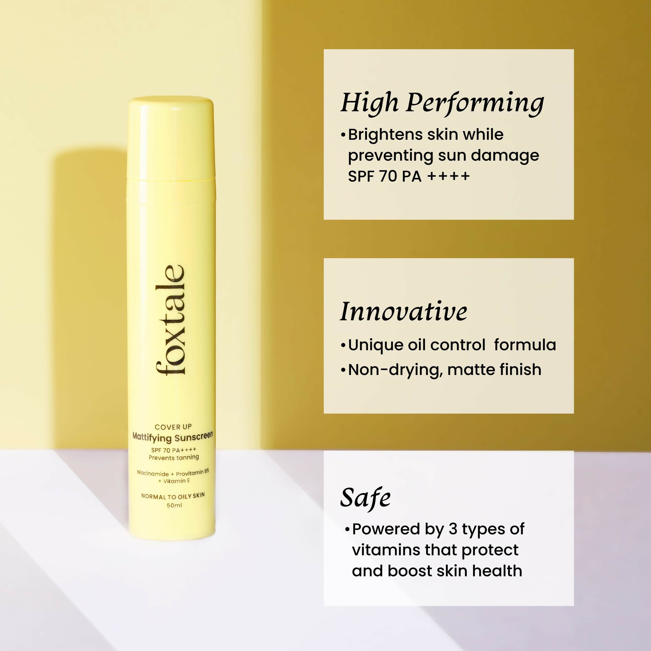 Foxtale Niacinamide Mattifying Sunscreen SPF 70+ PA++++ - Prevents Tanning, UVA/UVB Protection - Distacart