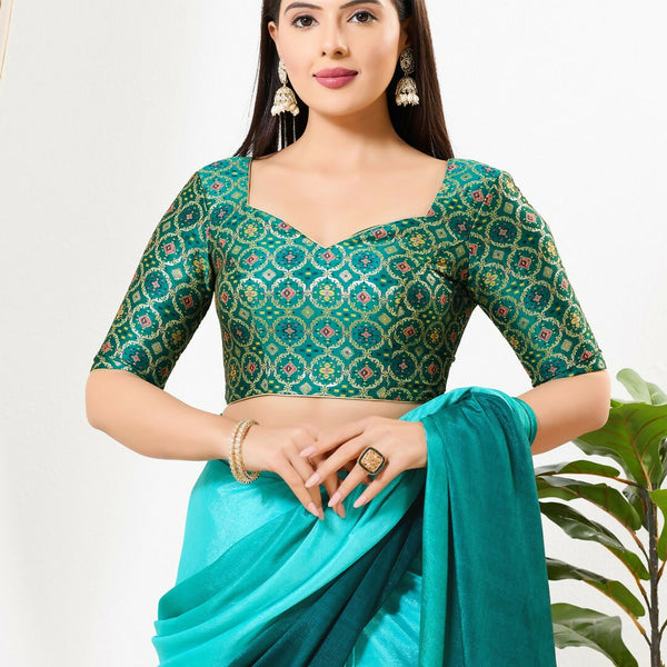 Joban Fashion Rama Green Brocade Padded Blouse With Sweetheart Neck Elbow Sleeves - Distacart