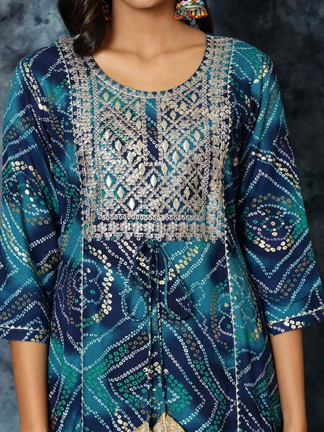 Sangria Bandhani Print & Embroidered Kurta Palazzo & Dupatta Set - Distacart