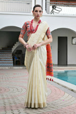 Thumbnail for Vishnu Weaves Women's Cream Raw Silk Patola Zari Woven Saree with Blouse