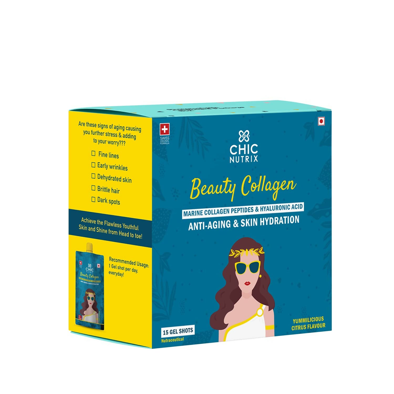 Chicnutrix Korean Beauty Collagen - Japanese Marine Collagen Peptides For Wrinkle free Skin and Anti aging - Citrus Flavour - Distacart