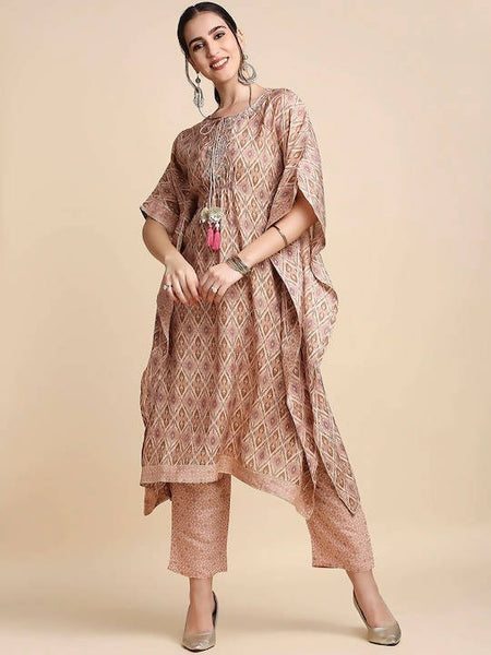 Anubhutee Pink & Brown Printed Kaftan Kurta With Trousers - Distacart