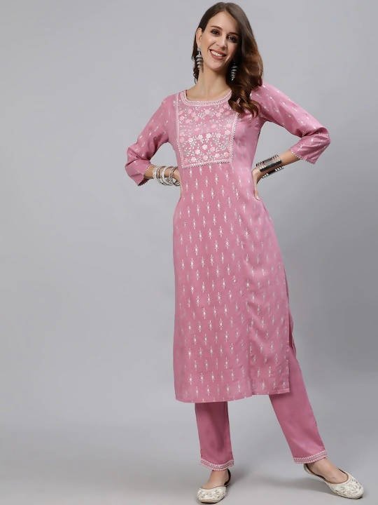 Anubhutee Mauve Ethnic Motifs Yoke Design Regular Mirror Work Kurta with Trousers - Distacart