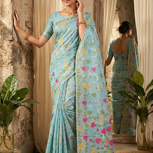 Shree Shyam Fashion Sky Blue Linen Cotton Saree - Distacart