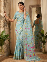 Thumbnail for Shree Shyam Fashion Sky Blue Linen Cotton Saree - Distacart
