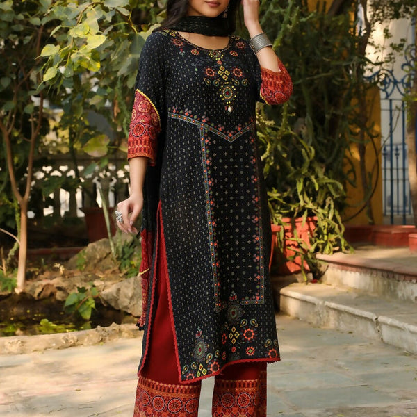 Juniper Black Ethnic Motif Placement Printed Rayon Kurta With Pant And Dupatta With Bead & Sequence Work - Distacart