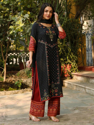 Juniper Black Ethnic Motif Placement Printed Rayon Kurta With Pant And Dupatta With Bead & Sequence Work - Distacart
