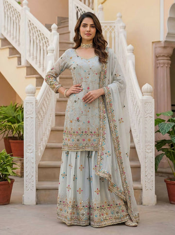 Teeya Creation Grey Faux Georgette Multi Thread Work Wedding Wear Sharara Set - Distacart