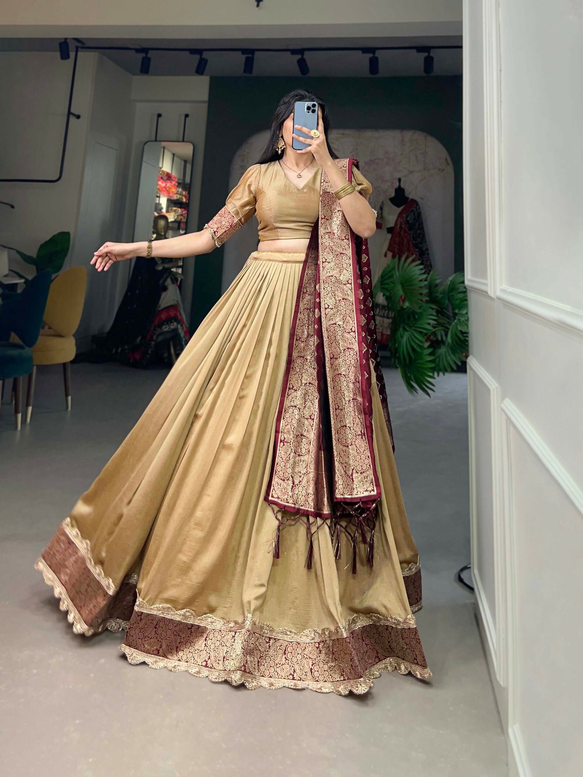 Vastranavya Traditional Jacquard Vichitra Silk Lehenga Choli - Chiku - Distacart