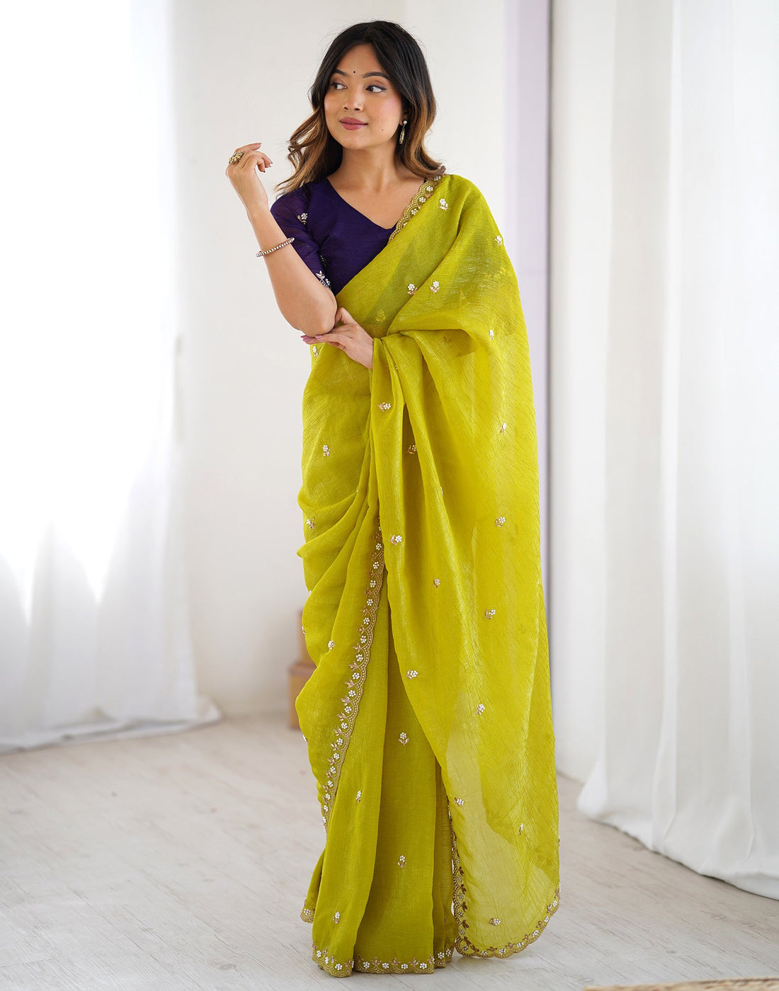 Lorenvalley Fashion Parrot Green Crunchy Silk Multi Embroidery Work Saree with Blouse
