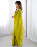 Thumbnail for Lorenvalley Fashion Parrot Green Crunchy Silk Multi Embroidery Work Saree with Blouse