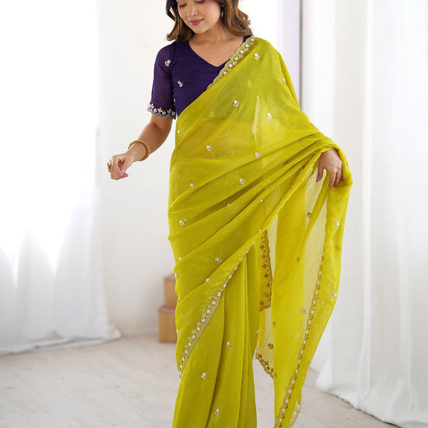 Lorenvalley Fashion Parrot Green Crunchy Silk Multi Embroidery Work Saree with Blouse - Distacart