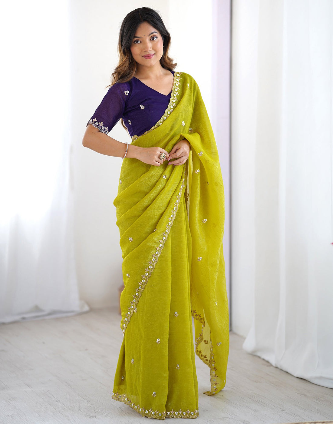 Lorenvalley Fashion Parrot Green Crunchy Silk Multi Embroidery Work Saree with Blouse