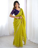 Thumbnail for Lorenvalley Fashion Parrot Green Crunchy Silk Multi Embroidery Work Saree with Blouse