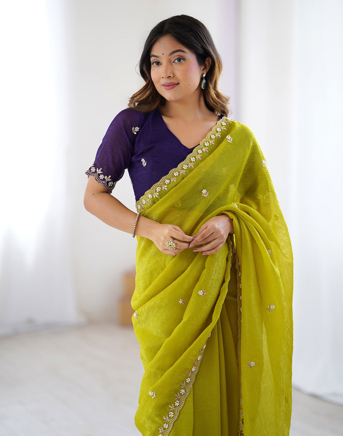 Lorenvalley Fashion Parrot Green Crunchy Silk Multi Embroidery Work Saree with Blouse