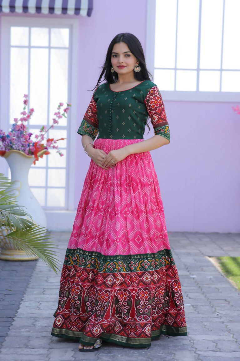 Jyoti Fashion Women's Pink Patola with Foil Print Dola Silk Anarkali Dress - Distacart