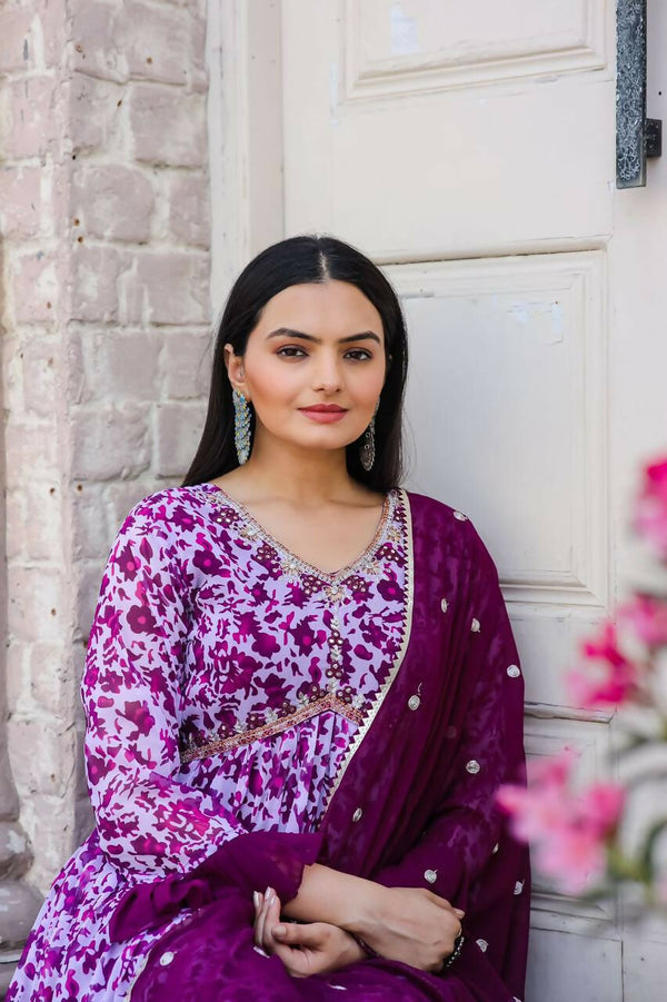 Preksha Creation Women Purple Georgette Fabric Gown With Sequence Embroidery Work And Full Lining With Georgette Dupatta - Purple - Distacart